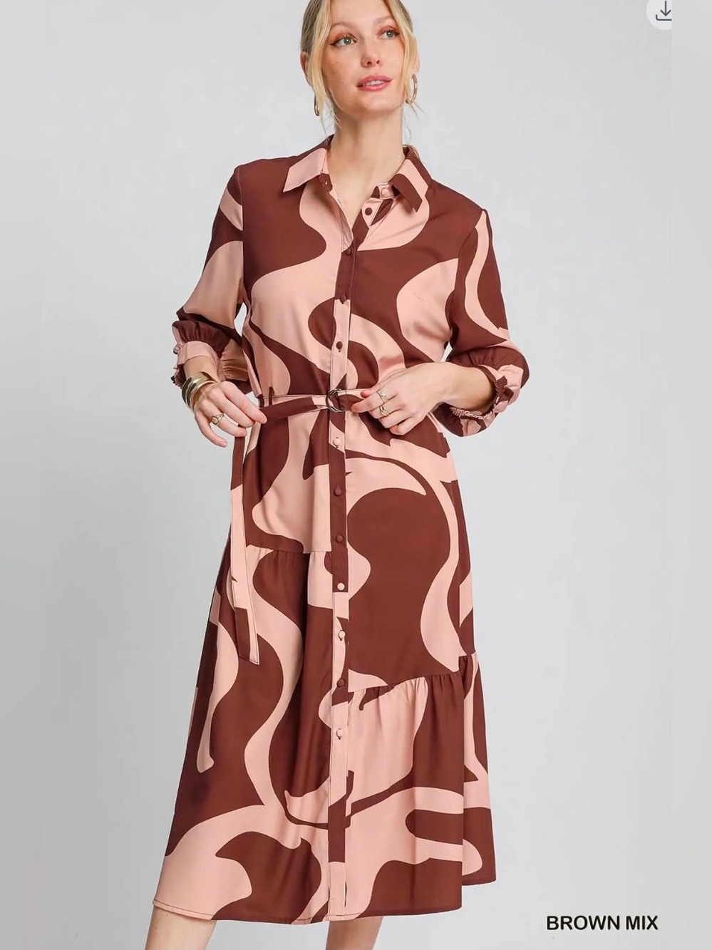 Umgee Abstract Print Belted Button-Front Midi Shirt Dress